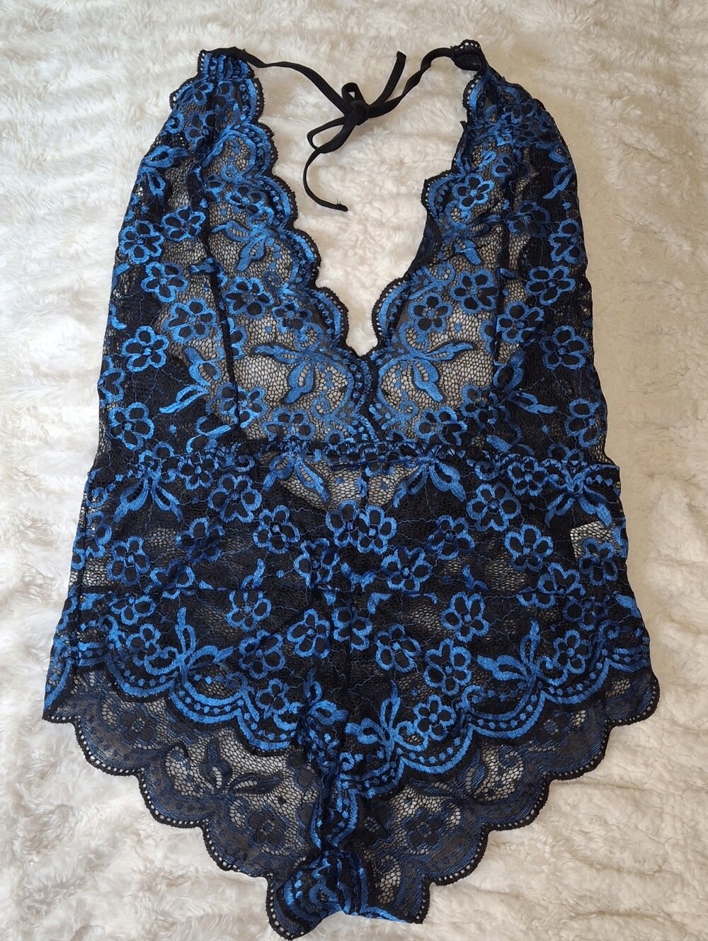 Blue & Black Floral Lace Halter Intimate Romper